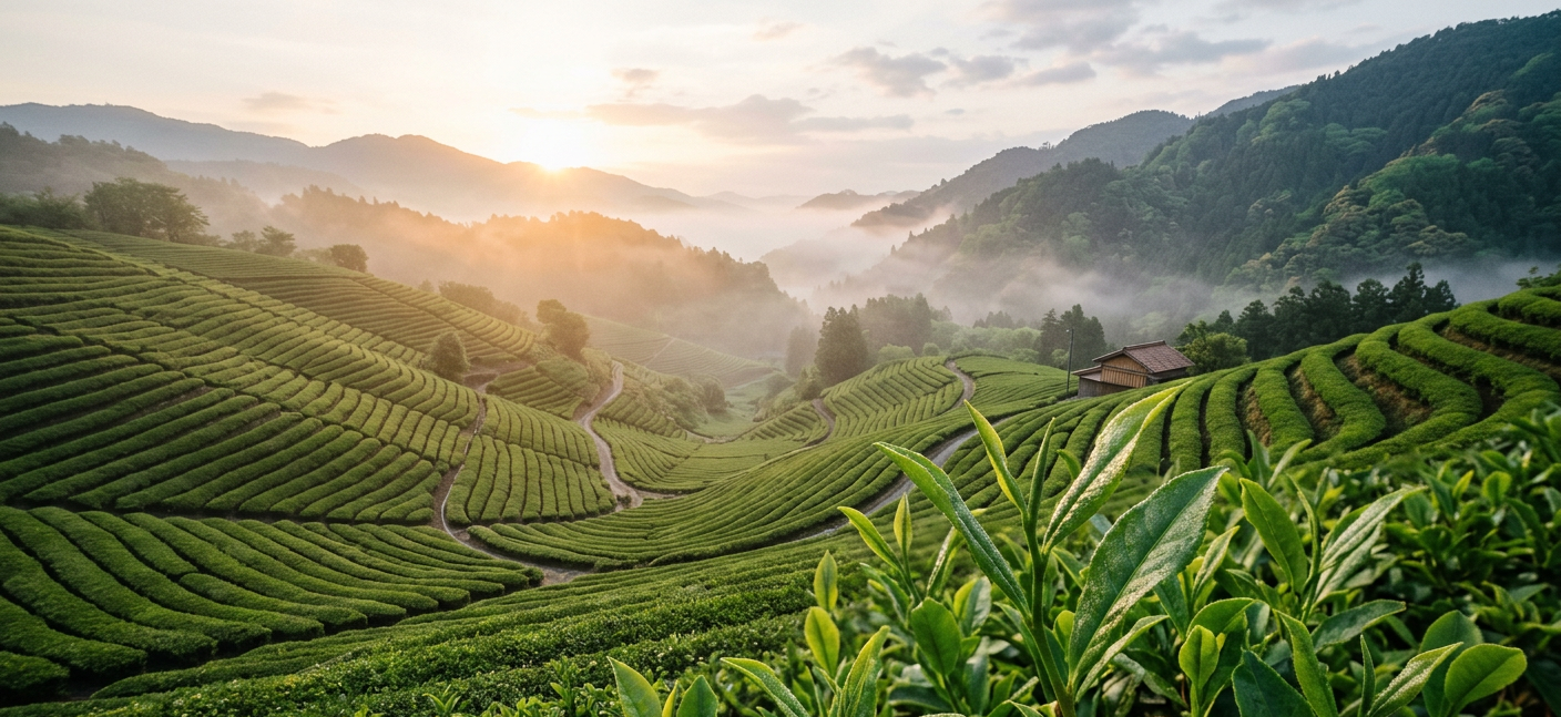 Tea plantation with rolling hills and a sunrise 